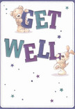 This delightful get well card, reminiscent of cheerful afternoons in Temple, offers a tapestry of comfort and bright hope. The illustration centers on two beloved figures-a huggable teddy bear and a playful puppy-interacting with bold letters that spell 'Get Well' in harmonious shades of indigo and teal. Their poses are full of life: the bear gently holds onto the letter 'G,' smiling with reassurance, while the puppy, its fur illustrated in soft browns and creams, beams beneath the big 'WELL.' Dancing above and around them, stars in deep blue and purple add a whimsical, magical energy, mirroring the joyous surprise of fresh spring flowers delivered in Temple's hidden gardens. The background's creamy white hue highlights the vibrancy of the artwork, much like the way simple wrapping lets a bouquet's beauty shine. Every detail-the plush softness of the characters, their inviting gestures, the celebratory leap of the lettering-embodies the honest affection of a get well greeting. When paired with a Temple florist's bouquet, this card brings a shared lightness, delivering solace, optimism, and genuine care, just as our local florists do for neighbors from the Inns of Court to Kings Bench Walk.